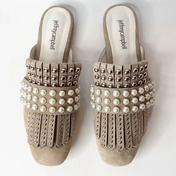 NWOB Jeffrey Campbell Ravis Pearl Studded Embellished Fringe Taupe Suede Mules - Picture 10 of 10